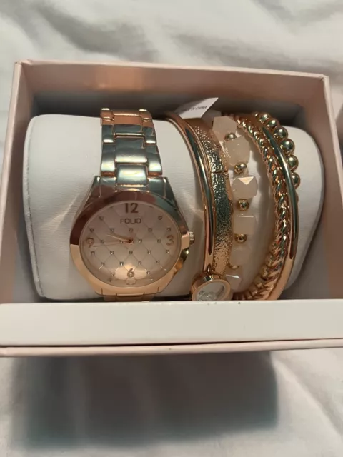 Ladies Rose Gold Watch And Bracelet Set With Six Bracelets