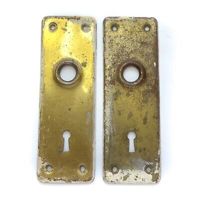 Pair Brass Tone Vintage Door Knob Backplates Key Hole 6" x 2" Mid-Century