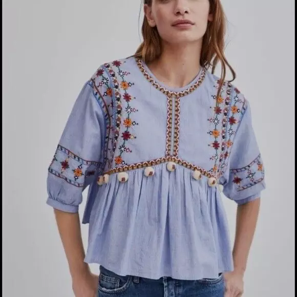 ZARA TRF Blue Chambray Embroidered PomPom Trim 3/4 Sleeve Peasant Boho Top Sz S