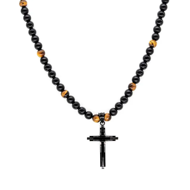 Onyx Halskette Perlen Kette Tigerauge Damen Herren schwarz 8mm Kreuz Edelstahl