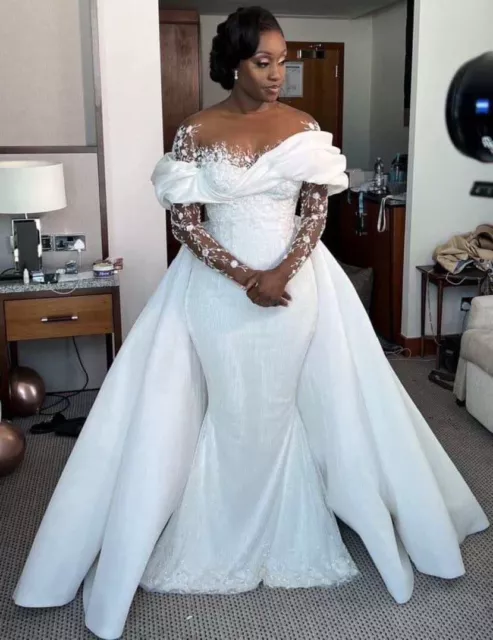 OFF SHOULDER MERMAID Wedding Dresses With Detachable Train Appliques Bridal  Gown $152.70 - PicClick