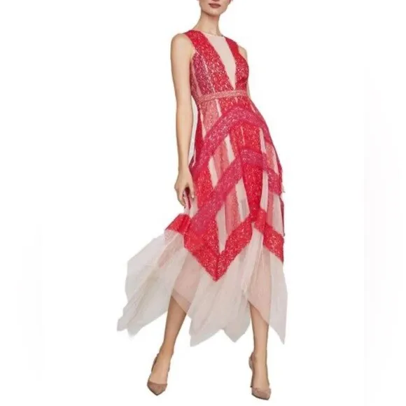 NWT 388 bcbg maxazria dress gown maxi off white red tulle lace andi 4 6 S