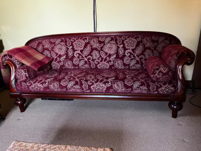 vintage sofa settee - engraved wood (mahogany) arms, recently upholstered