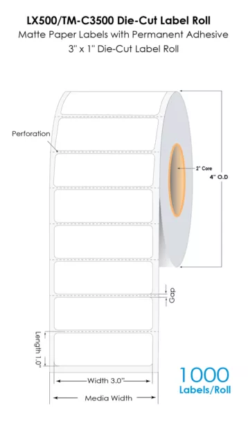DuraFast LX500/TM-C3500 3"x1" Die Cut Inkjet Matte Paper Label 1000/Roll