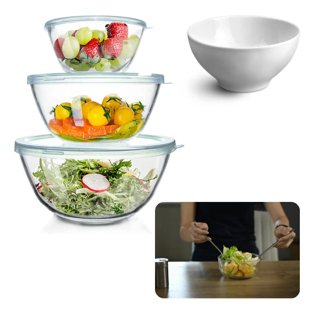 WhiteRhino Glas Rührschüssel mit Deckel, 3er-Set (4,2L, 2,5L, 1L), Große Rund Salatschüsseln für die Küche,Salatschüssel mit Deckel, Kochen,Backen, Vorbereiten, spülmaschinenfes