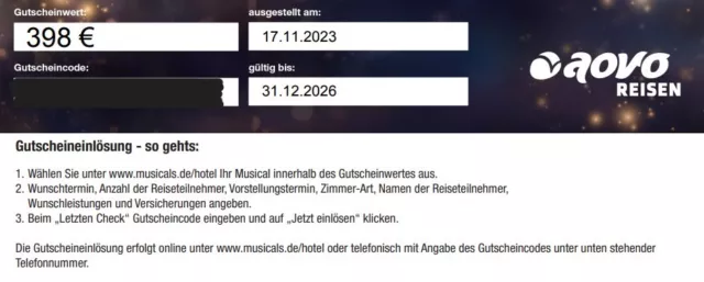 Musical Gutschein Ticket+Hotel von Stage Entertainment im Wert von 398 € 2