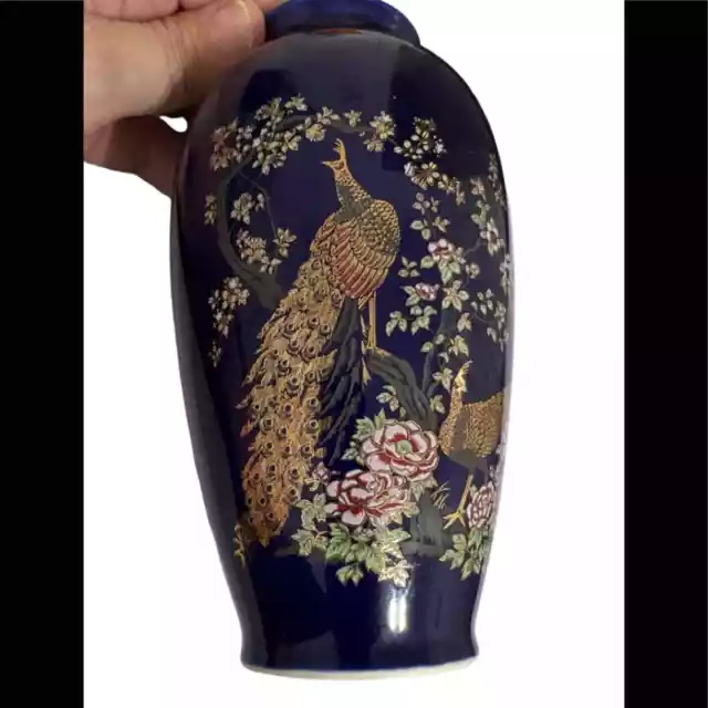 Vintage Asahi Dark Blue Vase with Gorgeous Peacock Floral Scene and Gold Trim