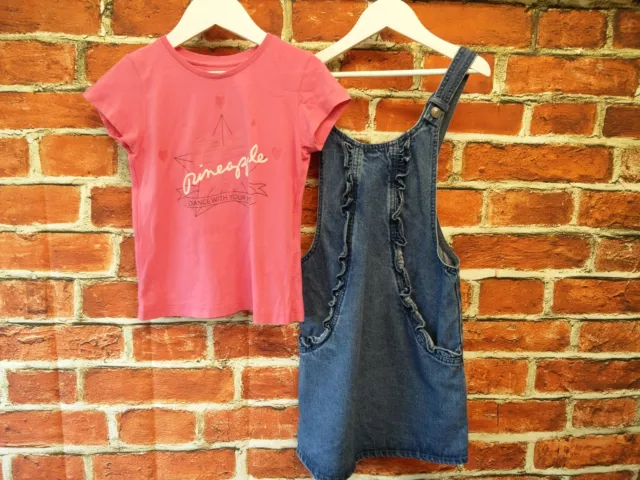 Girls Bundle Aged 7-8 Year Pineapple Next Dungaree Dress T-Shirt Pink 128Cm