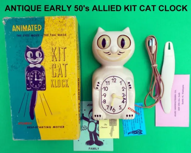 EARLY 1950's ALLIED-VINTAGE-ELECTRIC-ANTIQUE-KIT CAT KLOCK-KAT CLOCK+ BOX-WORKS