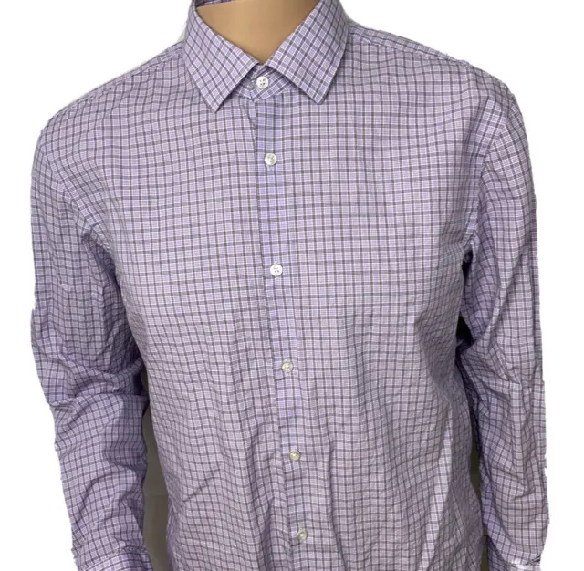 Hugo Boss Sharp Fit Shirt Gingham Plaid Light Purple Long Sleeve Men 16.5 34/35