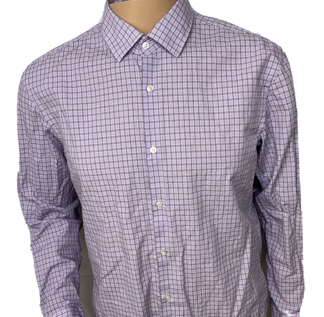 Hugo Boss Sharp Fit Shirt Gingham Plaid Light Purple Long Sleeve Men 16.5 34/35