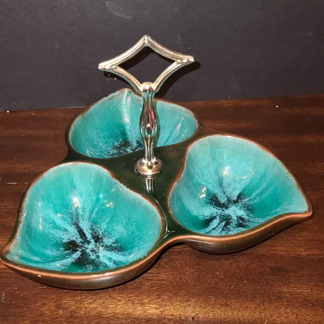 BMP  Three Section Serving Bowl Turquoise Brown Glaze Drip Mid Century Modern 3