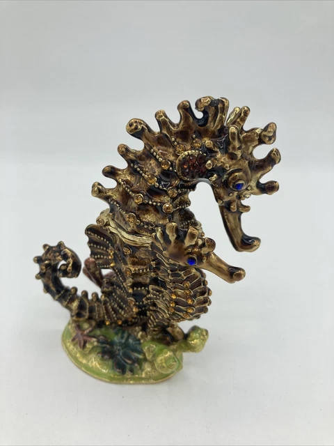 Atlantis Seahorse & Baby Enameled & Crystal Bejeweled Hinged Metal Trinket Box