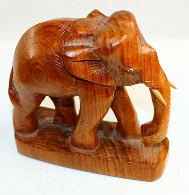 Wood Carved Elephant Figurine 5" x 5" Very Nice no broken pieces on face