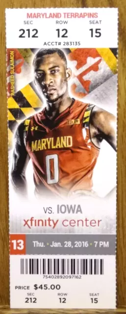 Maryland Terrapins Men's Basketball vs. Iowa Hawkeyes 1-28-2016 Used Ticket Stub