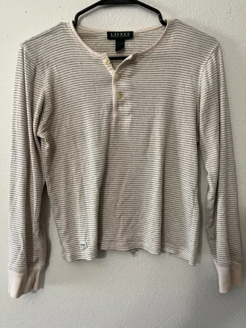 LRL Lauren Small shirt henley T-shirt L/S Women’s Top White W/Gray Striped