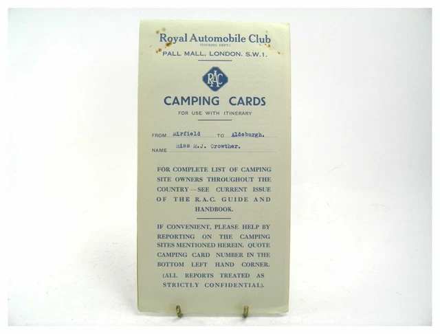 Vintage Royal Automobile Club RAC Itinerary camping cards Mirfield to Aldeburgh