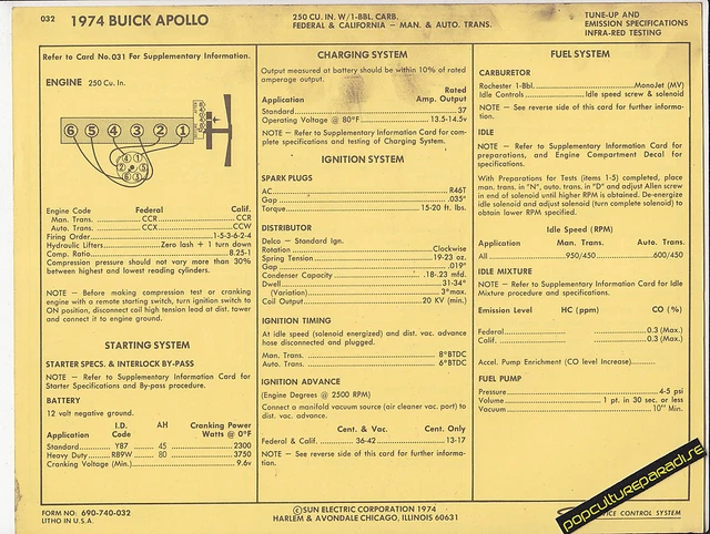 1974 BUICK APOLLO 250 ci 6 Cylinder Engine Car SUN ELECTRIC SPEC SHEET