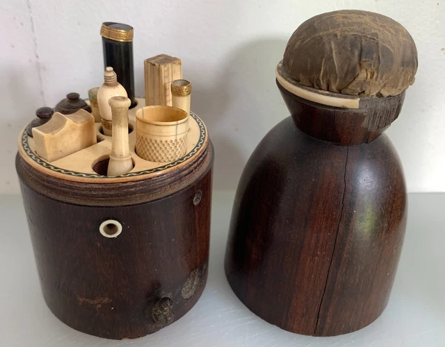 Coffret nécessaire de couture forme ruche os métal doré ancien