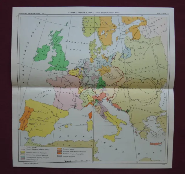 USSR MAP 'Western Europe in 1648' Old Soviet School POSTER from 1951