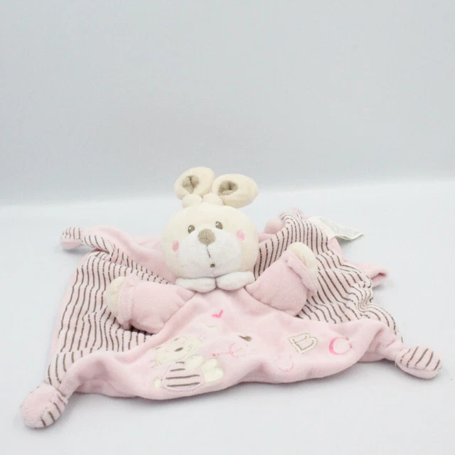 Doudou plat lapin rose rayé attache tétine ABC NICOTOY - 14785