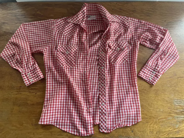 Vintage Rappers Mens Pearl Snap shirt Red White Checkered Medium USA  *Sm Stain