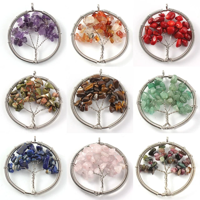 Natural Crystal Quartz Tree of Life Stone Pendant Amulet Healing Reiki Chakra
