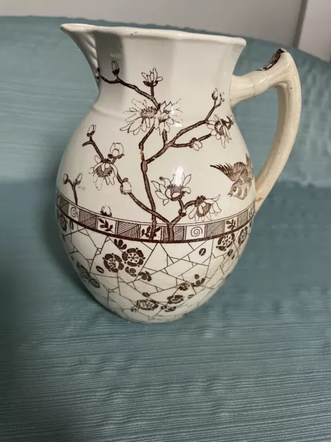 Antique BURMESE by F.J. EMERY ENGLAND  IRONSTONE PITCHER, FLOWERS BIRDS 2