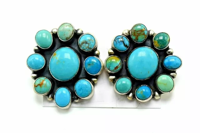 Navajo Handmade Sterling Silver Kingman Turquoise Cluster Earrings - A. Largo