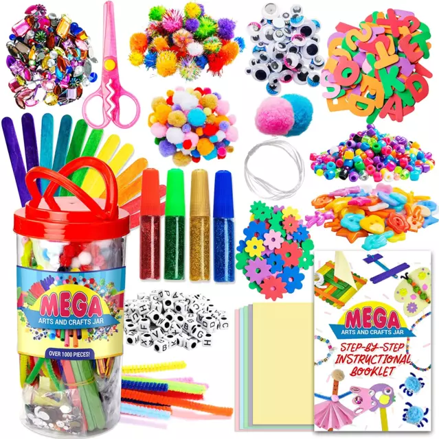 Mega Kids Crafts and Art Supplies Jar Kit - 1000+ Piece Set - Instructional Book