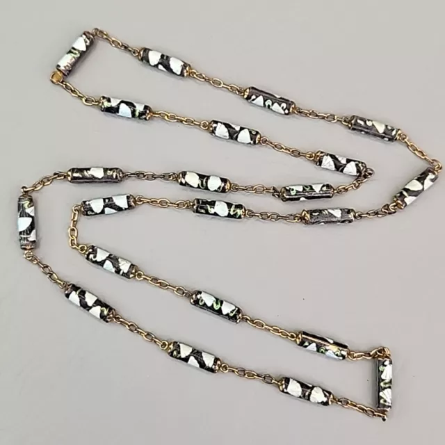 Cloisonne Necklace Vtg Tube Bead Black White Fan Enamel Silver Gold Tone 26"