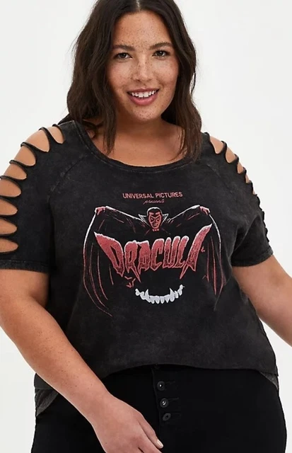 Torrid 2 Universal Monsters DRACULA Black Mineral Wash Slashed Tee Plus 18/20 2X