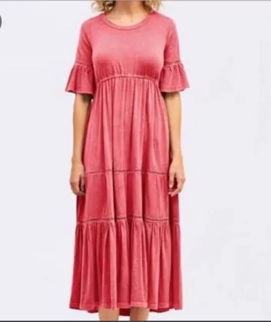 Sundry X Anthropologie Tiered Pink Peasant MIDI T-Shirt Dress SZ 0 (XS)