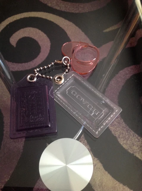 COACH Poppy Pink Heart, Purple Storypatch, Clear Hangtag Trio