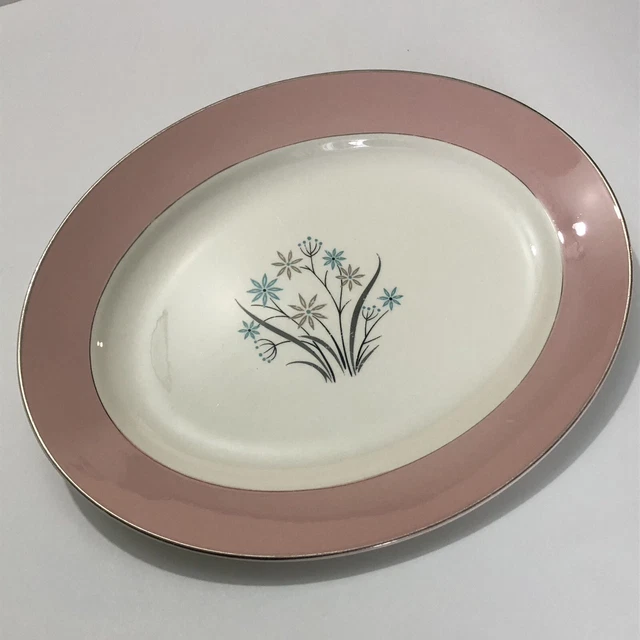 Vintage MCM Oval Platter Pink Rim Floral Bouquet Modern Pink Serving Dish