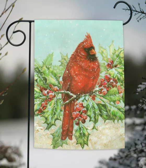 Toland Winter Holly Cardinal 12x18 Snow Bird Christmas Berries Garden Flag