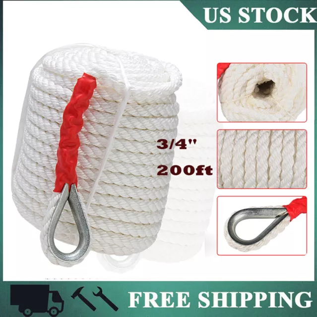 3/4"x200' Twisted Three Strand Nylon Anchor Rope Marine Braided Boat 12592LB US