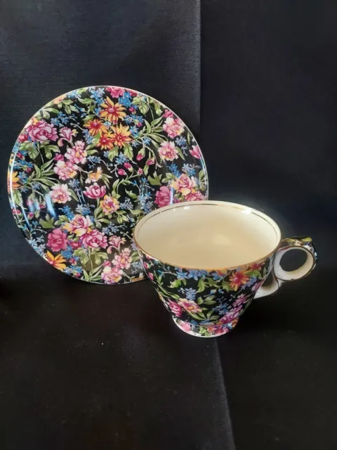 Royal Winton Grimwades Nantwich Pattern  Chintz Cup & Saucer Black Floral