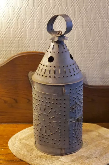 Antique Punched Pierced Tin Candle Lantern  19th Century Paul Revere. 13 Inch