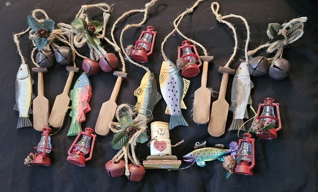 Rustic Fishing Christmas Tree Holiday Ornaments Lanterns Bells Paddles