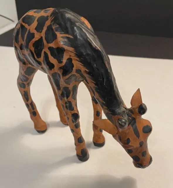 Hand Carved Wood 5" Giraffe, Hand Painted  Leather Ears