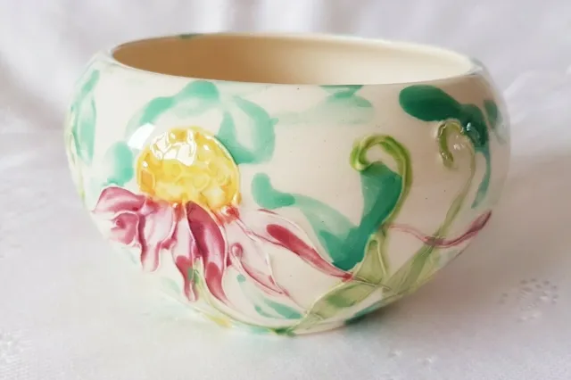 Ornamental Bowl ~ Bright Summer Flowers ~ Hand-Painted Ceramic ~ Raised Texture