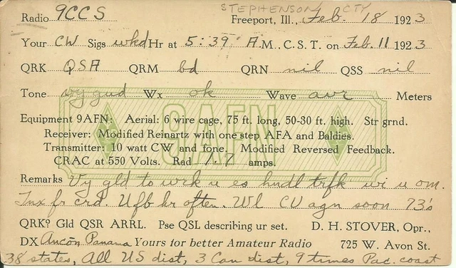 Vintage Ham Radio Qsl Cards 1923  9Afn  Freeport, Il.