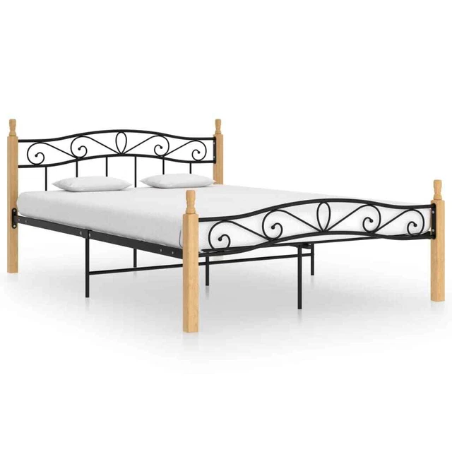 BED FRAME BLACK Metal and Oak Wood 140x200 cm Comfortable Bed Base £225