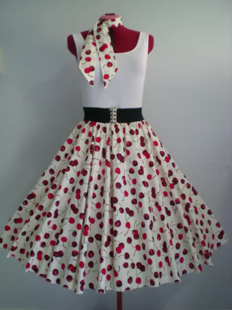 ROCK N ROLL/ROCKABILLY "Cherries" SKIRT & SCARF XS-S Ivory/Red