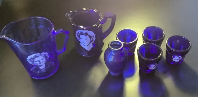 Vintage 1930's Shirley Temple Cobalt Blue Glass Pitchers and Cups