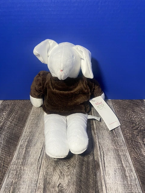 WOOF & POOF Plush Dog White Bean Bag Bunny Stuffed Animal Toy Brown Sweater Soft