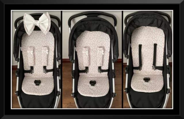 pram liner ditsy floral padded bow harness strap covers pushchair buggy cream