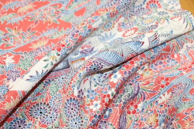 Vintage Japanese Silk Crepe Floral Countryside Pattern Kimono Fabric 63"