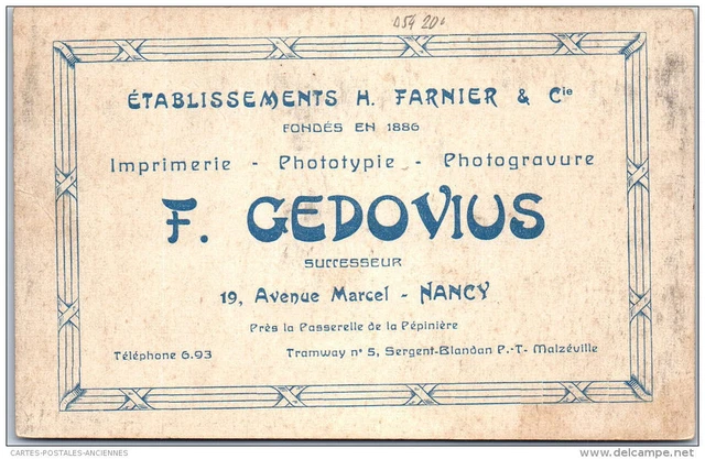 54 NANCY - Carte publicitaire, Et GEDOVIUS, 19 avenue Marcel
